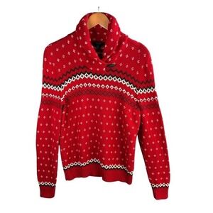 Chaps Mens Red Fair Isle Shawl Collar Toggle Pullover Sweater Medium Preppy Cozy
